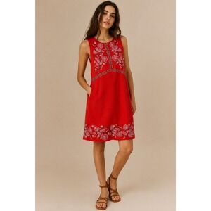 Anthropologie Embroidered Linen Blend‎ Shift Dress Women Size 4 Red Boho Folk